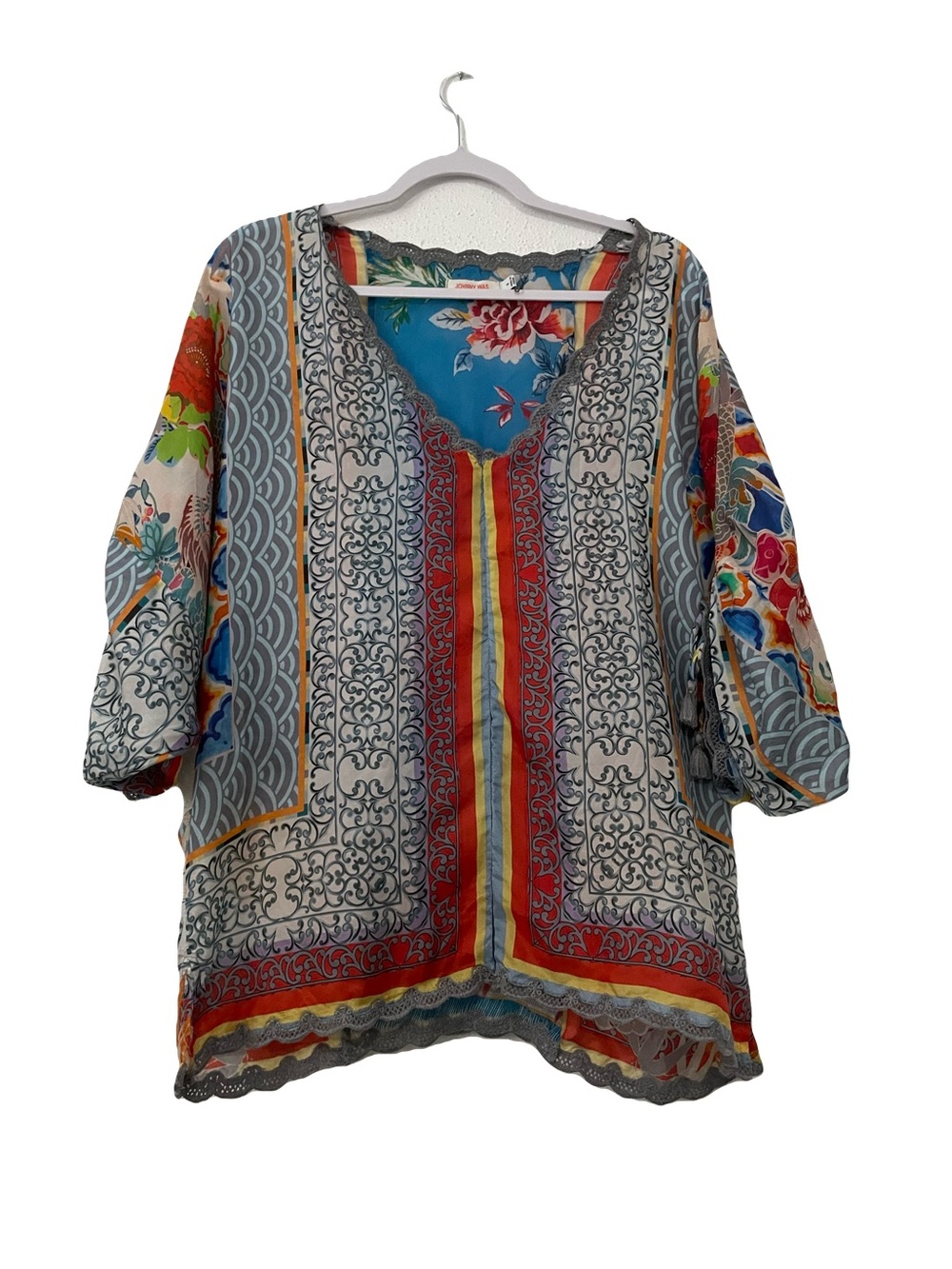 Johnny Was Blue Multi Patchwork V-Neck Tunic